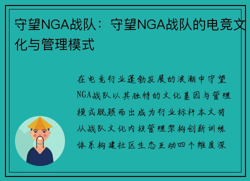 守望NGA战队：守望NGA战队的电竞文化与管理模式